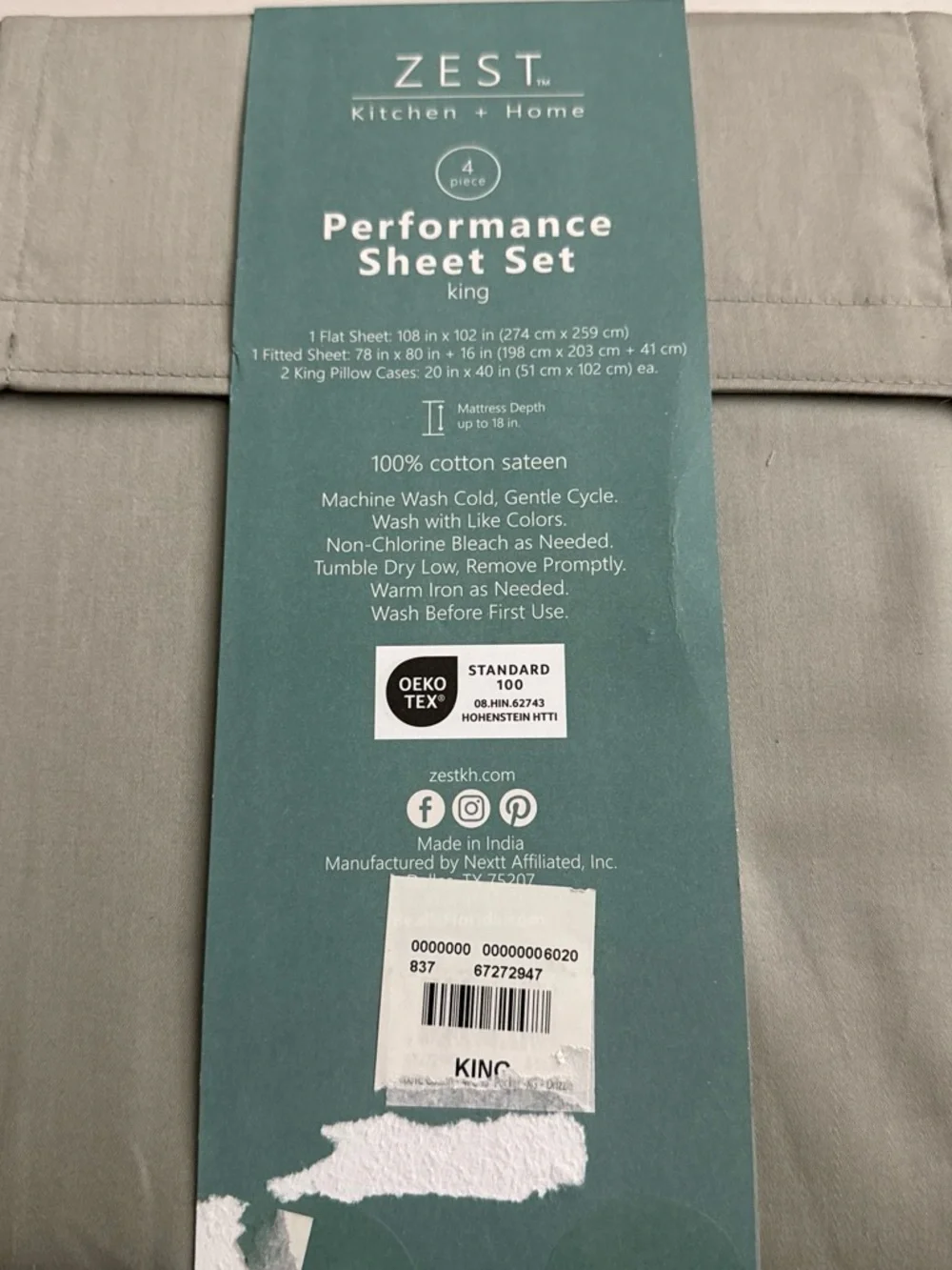 NWT Zest Kitchen & Home Performance Sheet Set - King, Light Green